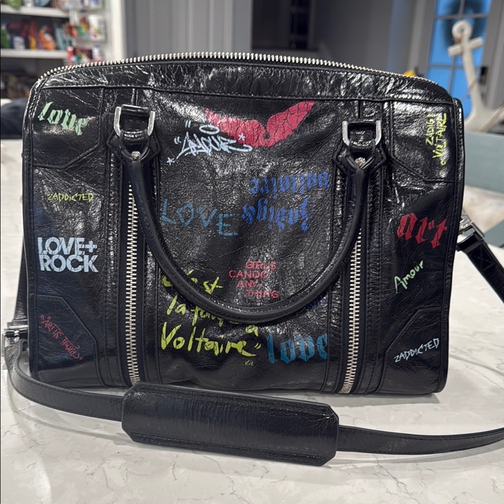 Zadig & Voltaire Sunny Black Graffiti Print Handbag